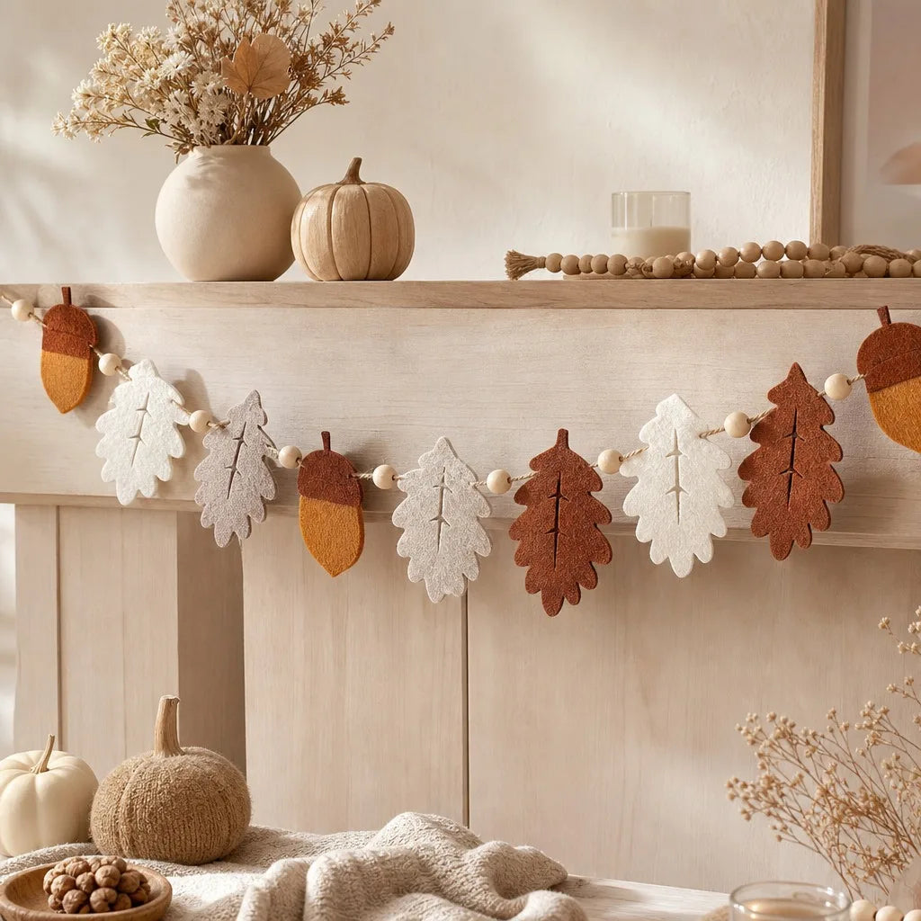 1PC Felt Fall Wreath & Boho Autumn Banner Rustic Wall Hanging Decor for Thanksgiving Fireplace Home Decoration