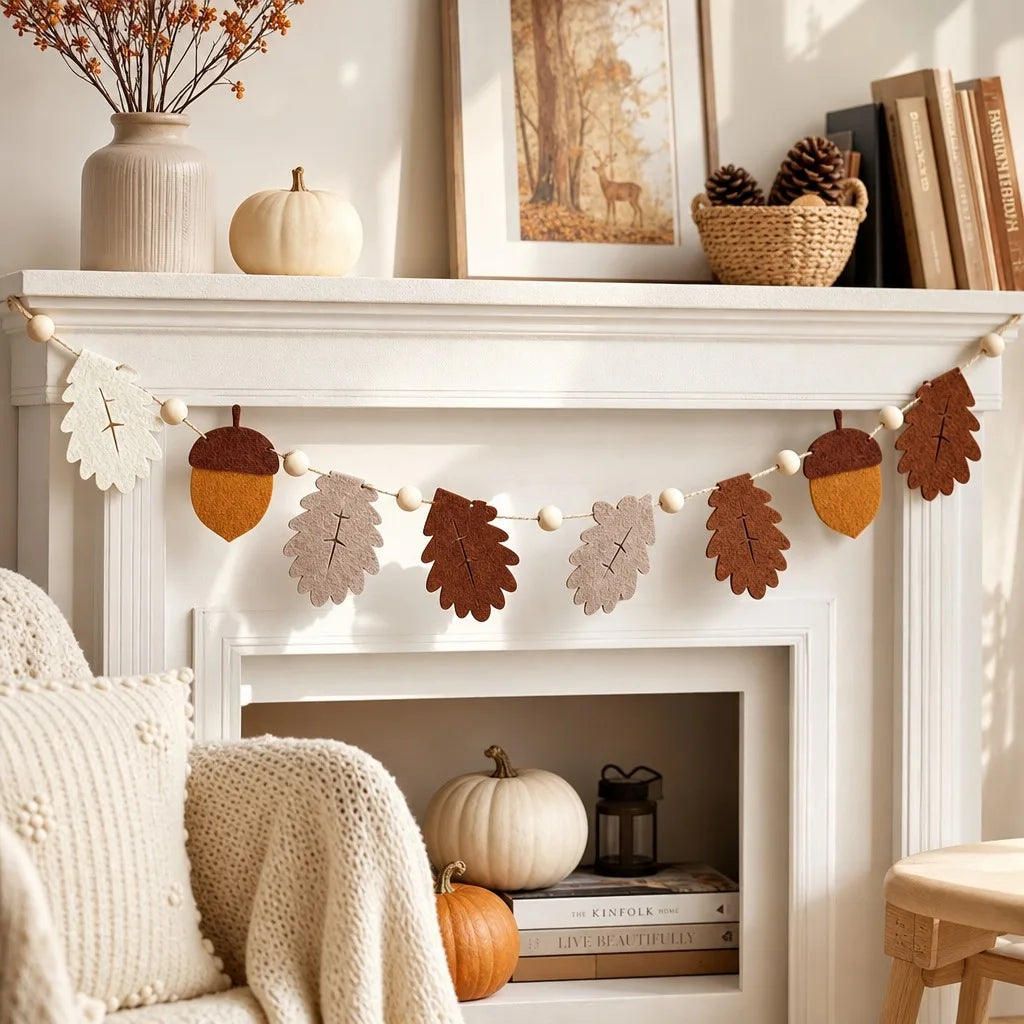 1PC Felt Fall Wreath & Boho Autumn Banner Rustic Wall Hanging Decor for Thanksgiving Fireplace Home Decoration
