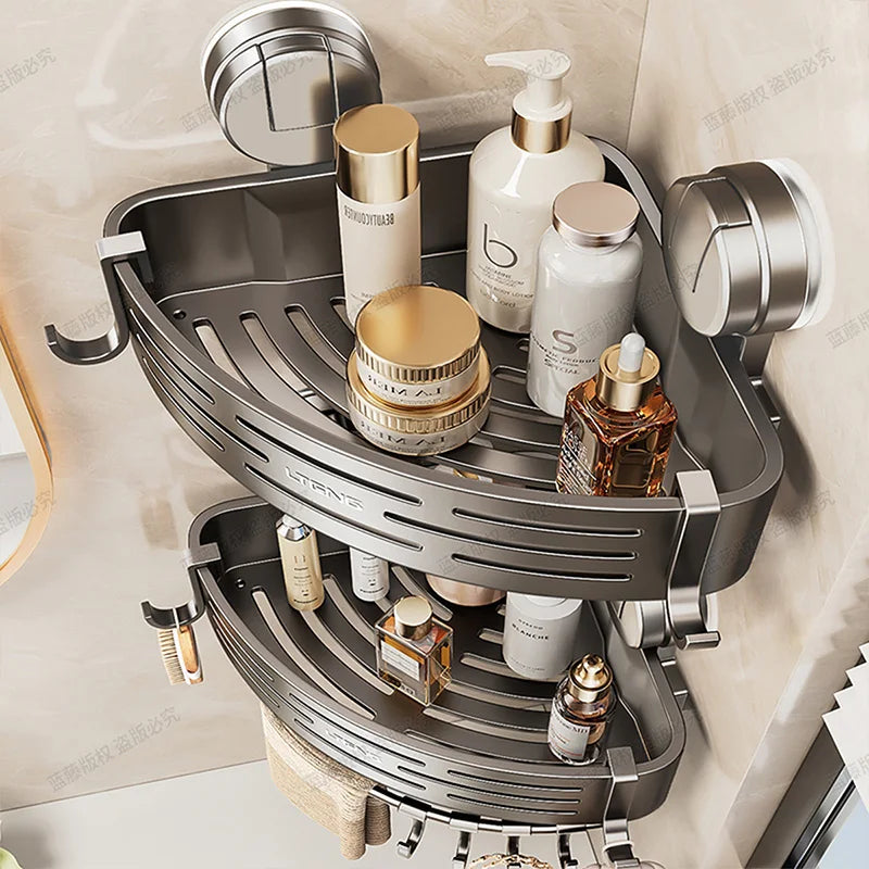 Shower Wall Storage Basket,Suction Mount No Drilling,Rustproof Aluminum, 4-Layer Protection,for Corner Space, Includes Towel Bar