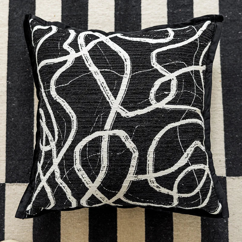 Nordic Black White Cushion Cover 45x45cm Luxury Bow Embroidery Pillow Case Plaid Jacquard Sofa Bedroom Decor Modern Home Accents