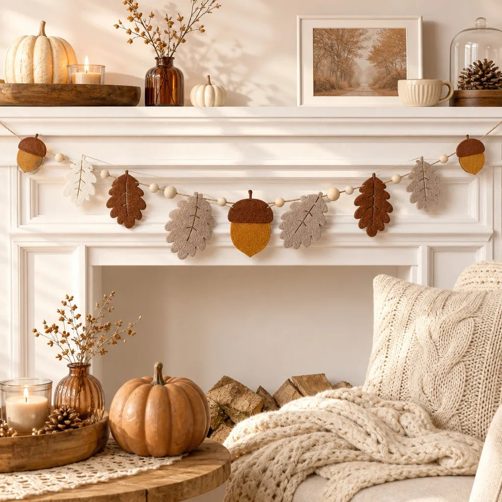 1PC Felt Fall Wreath & Boho Autumn Banner Rustic Wall Hanging Decor for Thanksgiving Fireplace Home Decoration