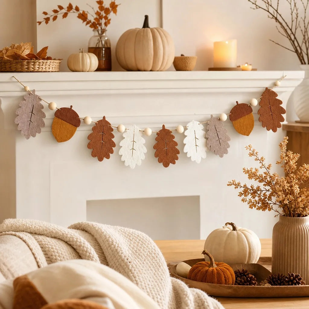 1PC Felt Fall Wreath & Boho Autumn Banner Rustic Wall Hanging Decor for Thanksgiving Fireplace Home Decoration