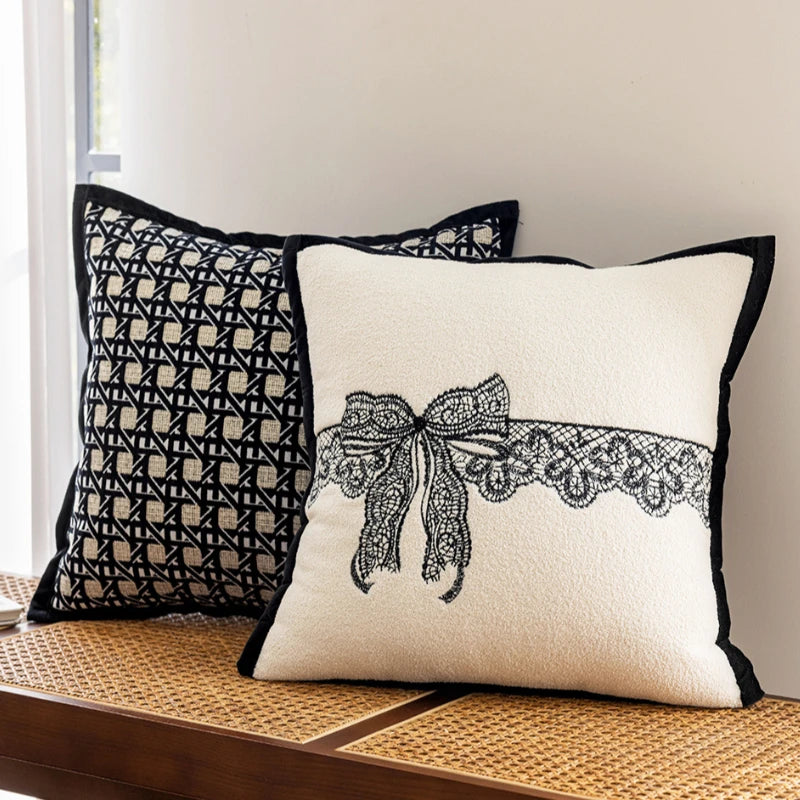 Nordic Black White Cushion Cover 45x45cm Luxury Bow Embroidery Pillow Case Plaid Jacquard Sofa Bedroom Decor Modern Home Accents