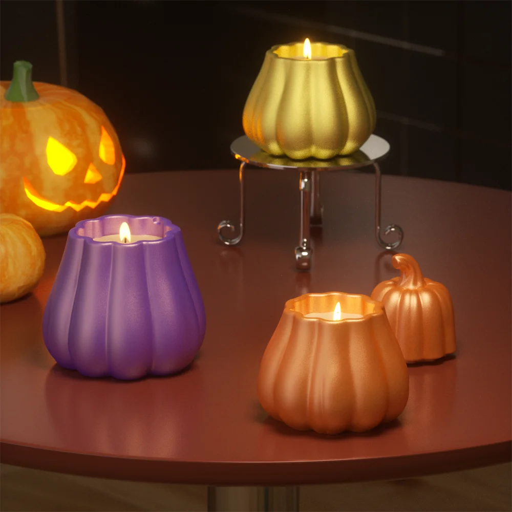 Nicole Candle Jar Halloween Concrete Silicone Mold DIY Flat Pumpkin Molds for Jesmonite Cement Halloween Home Decor