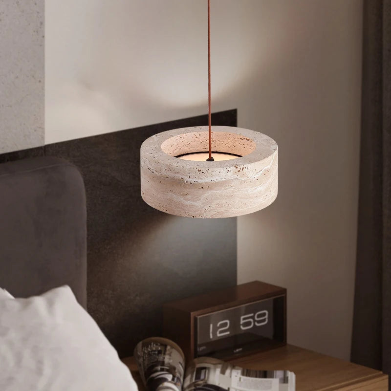 WECUS Vintage LED Pendant Lamps Wabi Sabi Bedroom Bedside Chandeliers Retro Restaurant Cream Travertine Long Wire Hanging Lights