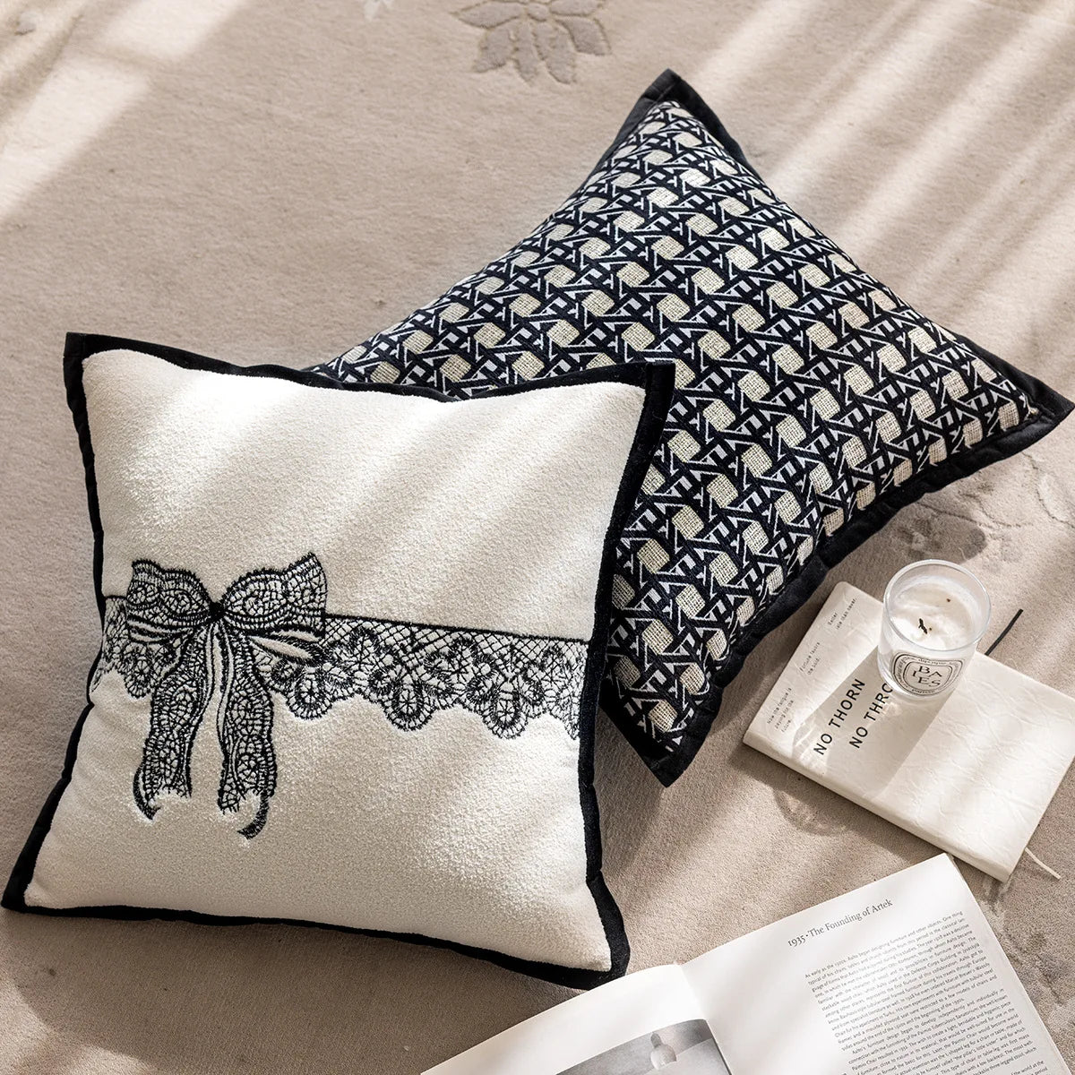 Nordic Black White Cushion Cover 45x45cm Luxury Bow Embroidery Pillow Case Plaid Jacquard Sofa Bedroom Decor Modern Home Accents