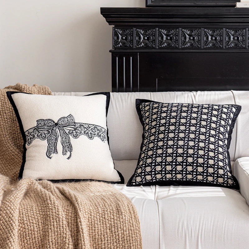 Nordic Black White Cushion Cover 45x45cm Luxury Bow Embroidery Pillow Case Plaid Jacquard Sofa Bedroom Decor Modern Home Accents